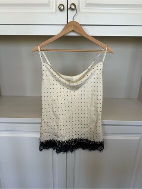 She + Sky Cream Cowl Neck Polka Dot Cami with Black Lace Trim